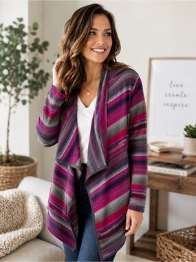 Lauren Ralph Lauren Striped Open Front Waterfall Cardigan. Size Large